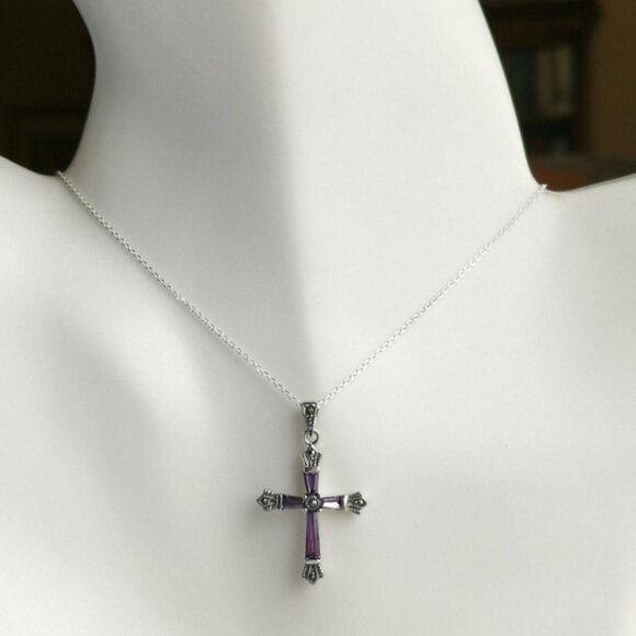 Amethyst Marcasite cross pendant necklace In Sterling Silver - Picture 2 of 7